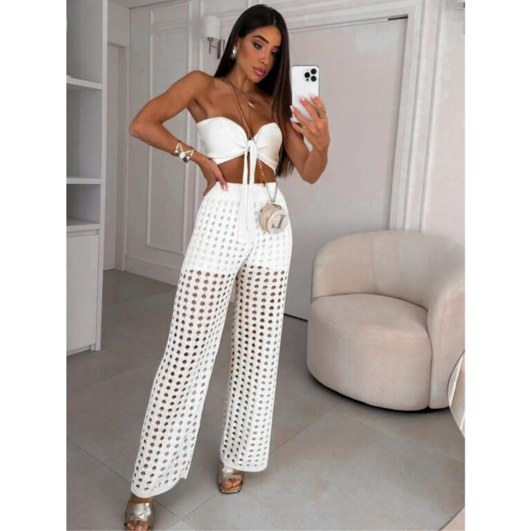 Conjunto Feminino Tricot Calça e Cropped Crochê 