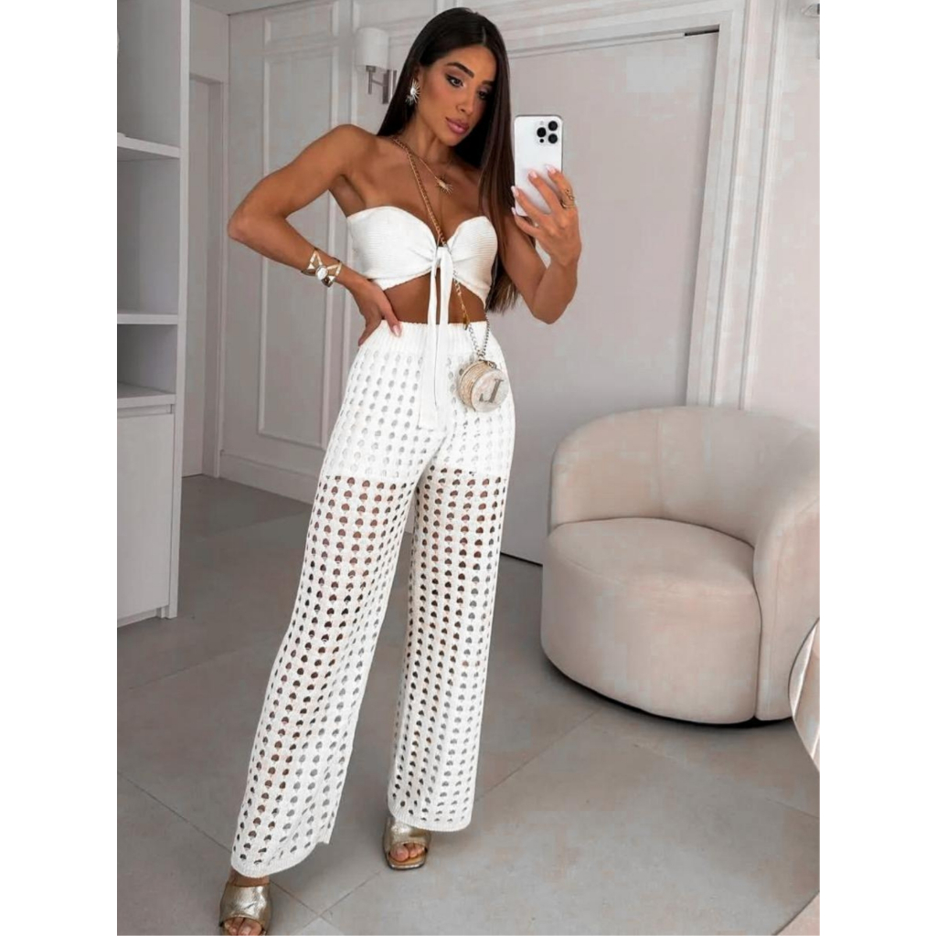 Conjunto Feminino Tricot Calça e Cropped Crochê Moda Tendencia