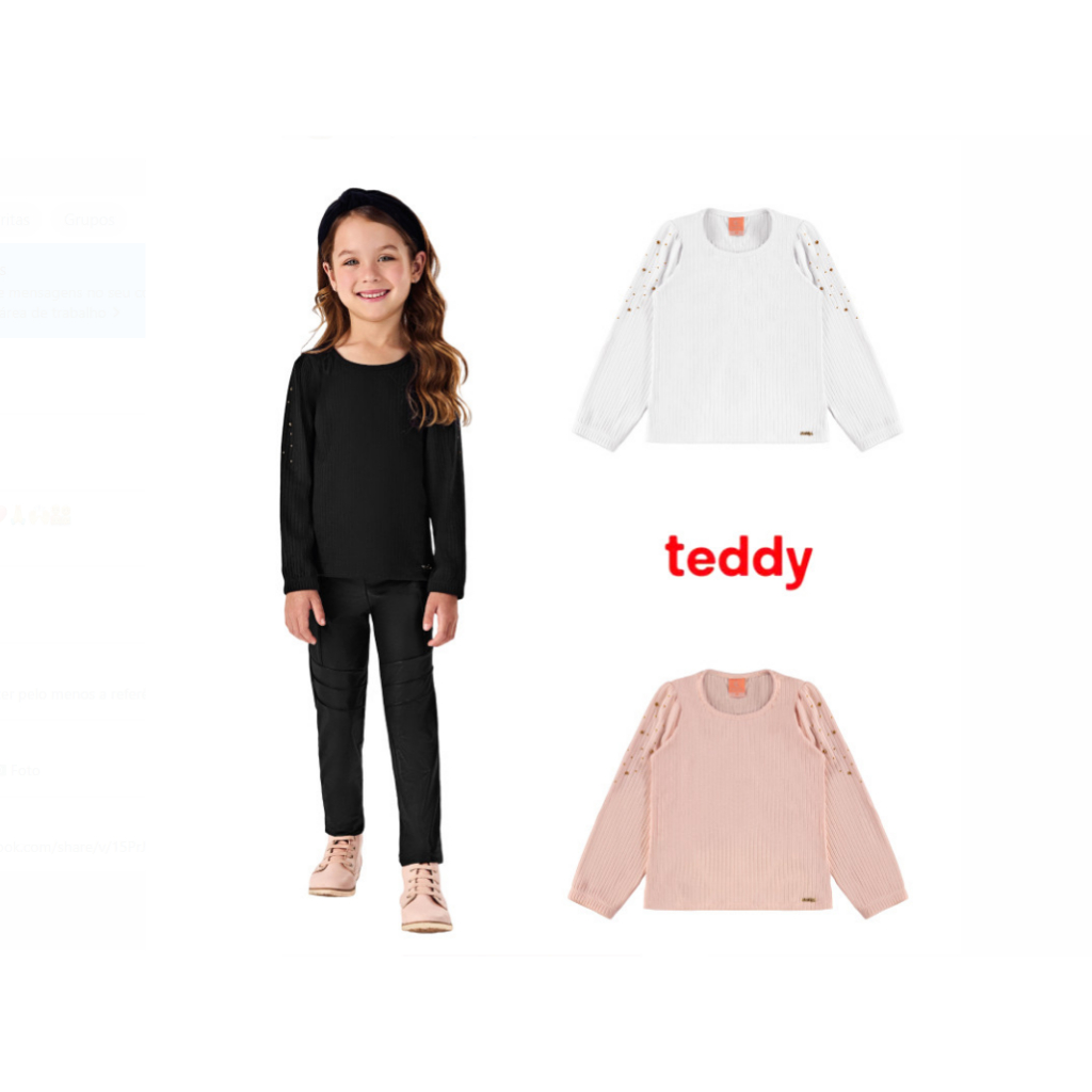 Blusa infantil canelada manga longa menina Teddy 4 ao 8 18048