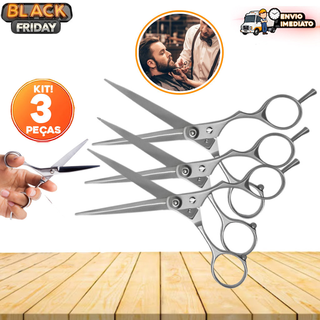 Kit 3 Tesouras Profissionais Inox N.6 para Cabeleireiro e Barbeiro Unissex