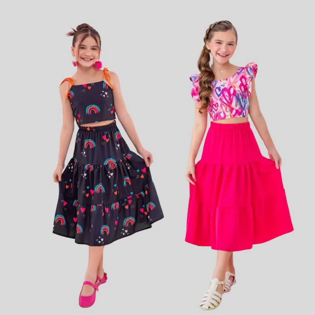 Conjunto Infantil Menina Saia Longa Blusa Cropped Mini Diva Moda Festa Luxo Elegante Roupa Estampado