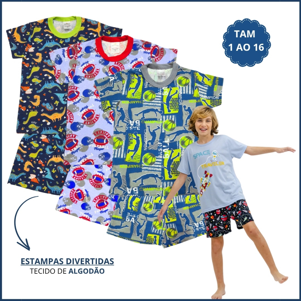 Kit 6 Peças Pijama Infantil Masculino Juvenil Verão Menino 3 Camiseta Curta 3 Bermuda Algodão 1 ao 1