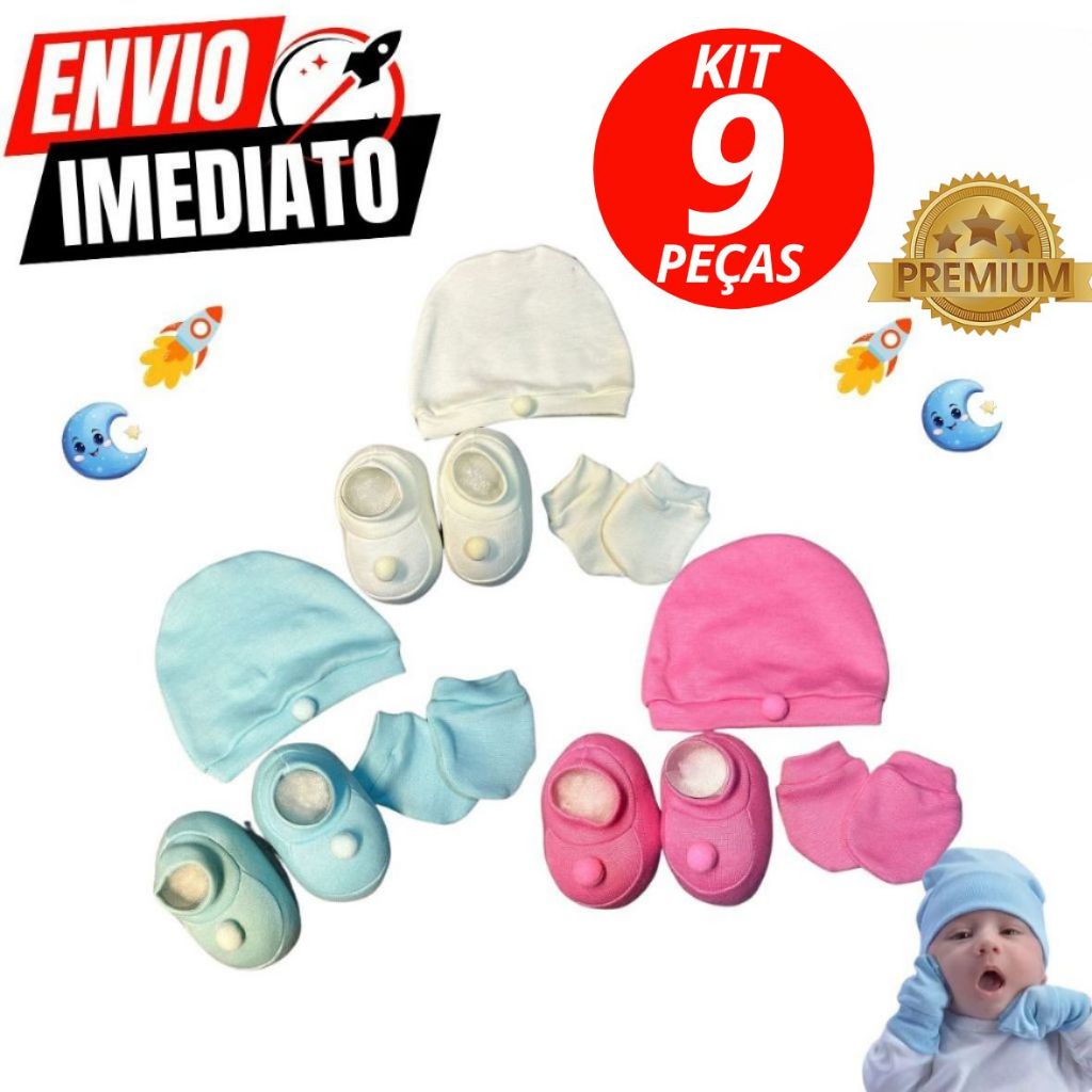Jogo 9 Peças Touca Luva e Sapatinho De Bebê 0 À 3 Meses Kit Luxo Premium Qualidade