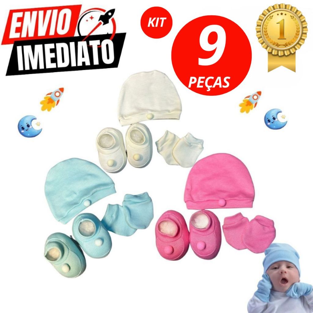 Kit Saída Maternidade Touca Luva e Sapatinho Bebê Recém Nascido Presente Jogo 9 Peças Completo Luxo