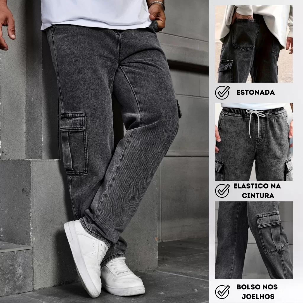 Calça Cargo Bolso Lateral Skatista Street Urbano Streetwear Boca Larga Estilo Rua