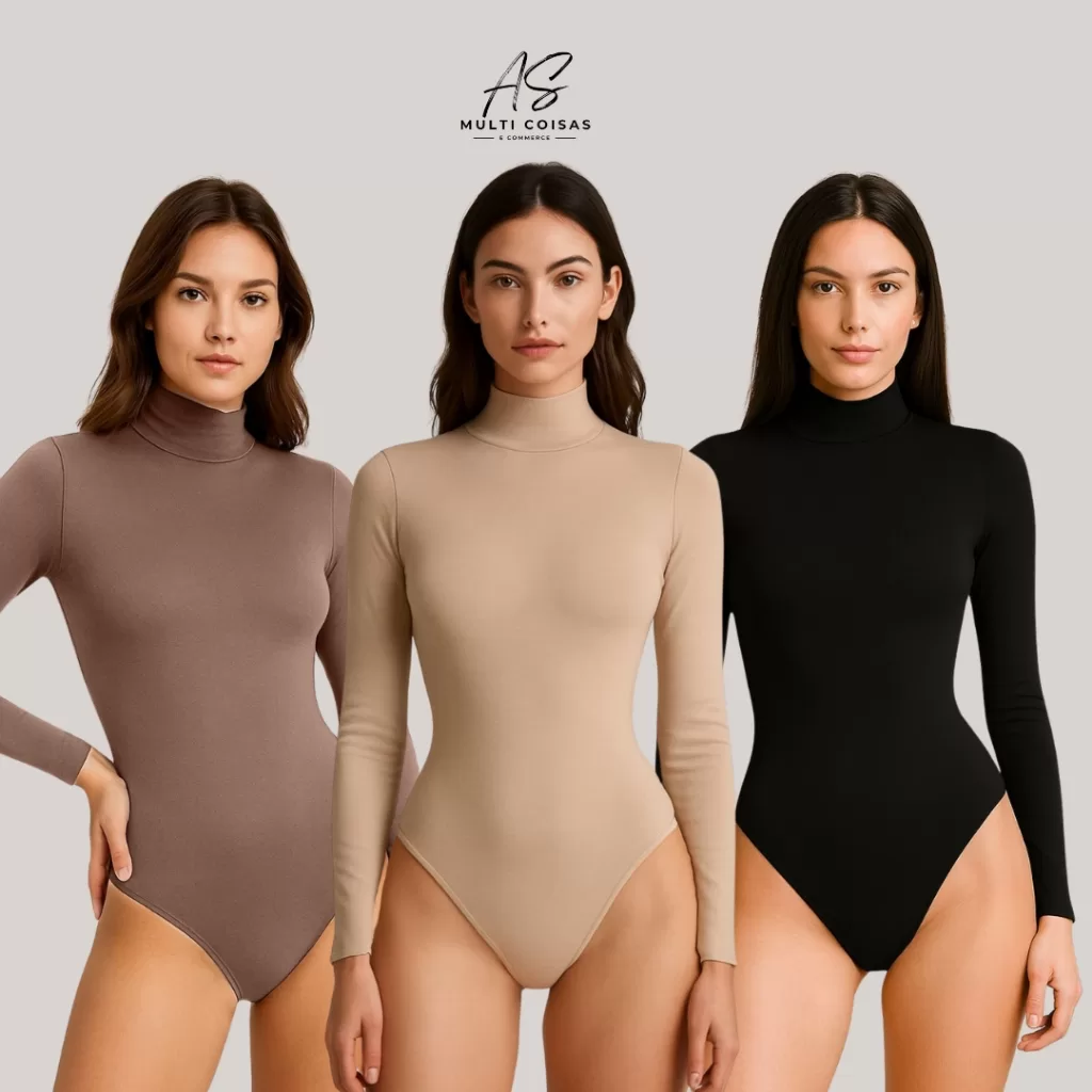 BODY FEMININO MODA GRINGA BÁSICO E ESTILOSO TENDENCIA COM MANGA LONGA E GOLA ALTA SUPLEX