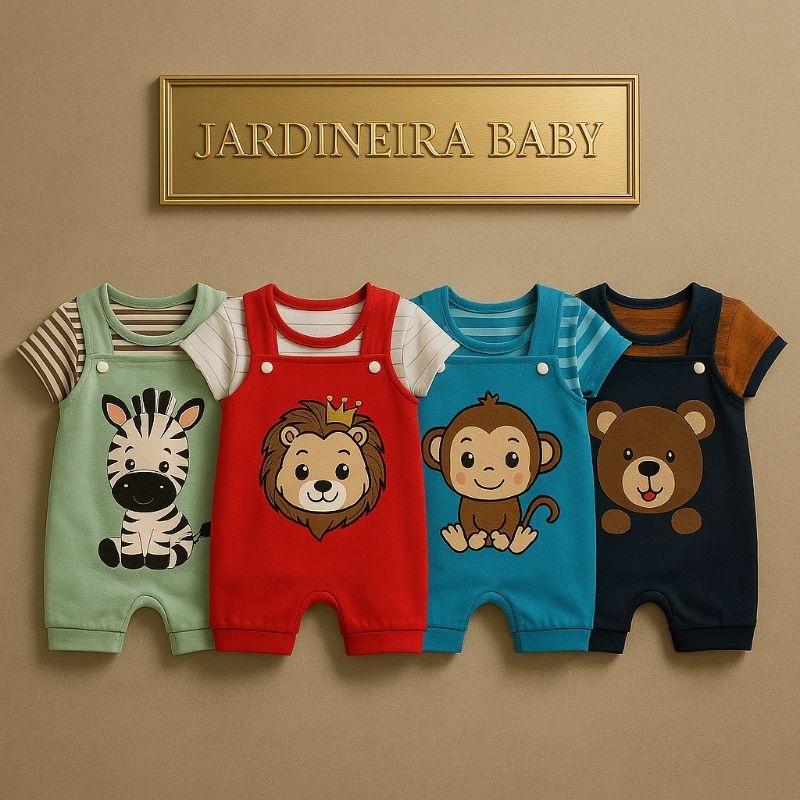 Conjunto de Bebê Macacão Jardineira Safari com Estampa de Animais – Roupa Fofa para Bebê Menino