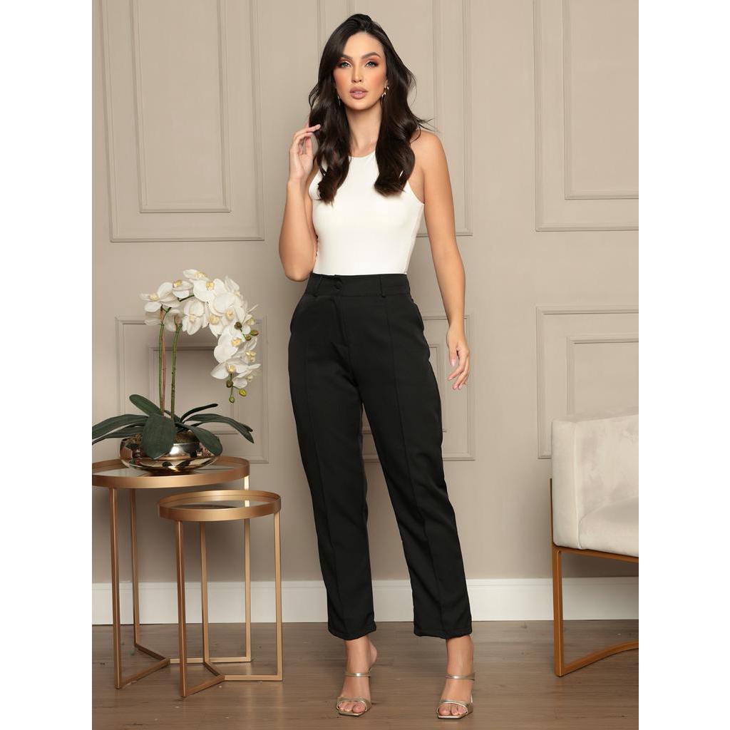 Calça Feminina Alfaiataria Com Ziper e Botão Casual Mode
