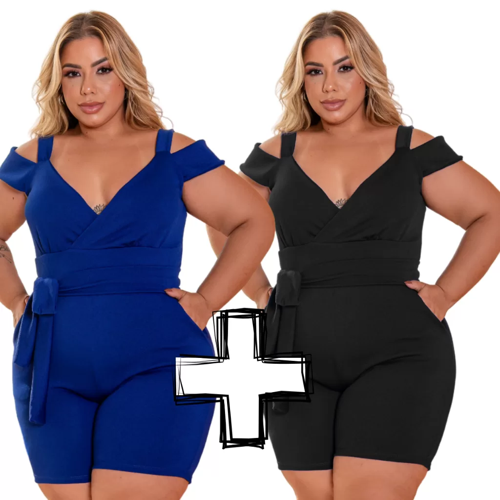 Kit 2 Macaquinhos Femininos Plus Size com Cinto Confortável Bolsos Laterais e Decote V GG ao G4