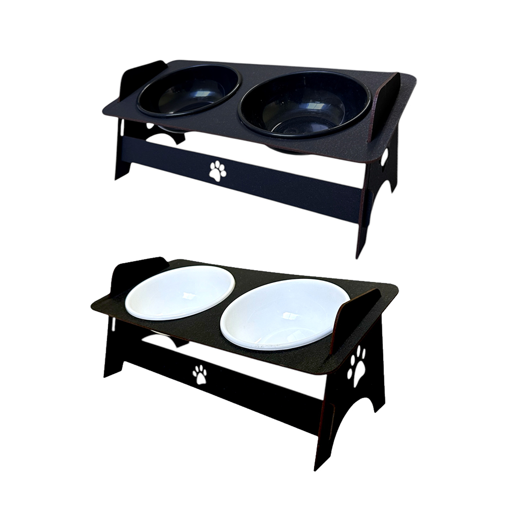 Comedouro E Bebedouro Elevado Tigelas Preta e Branca Livres de BPA