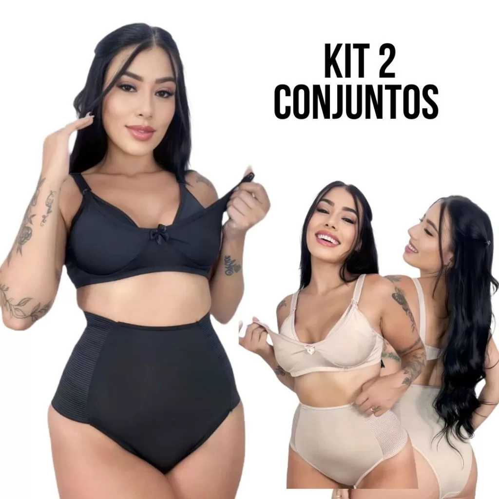 Kit Pós Parto 2 Sutiãs Amamentação + 2 Calcinha cós alto micro fibra reforçado pós Cesária