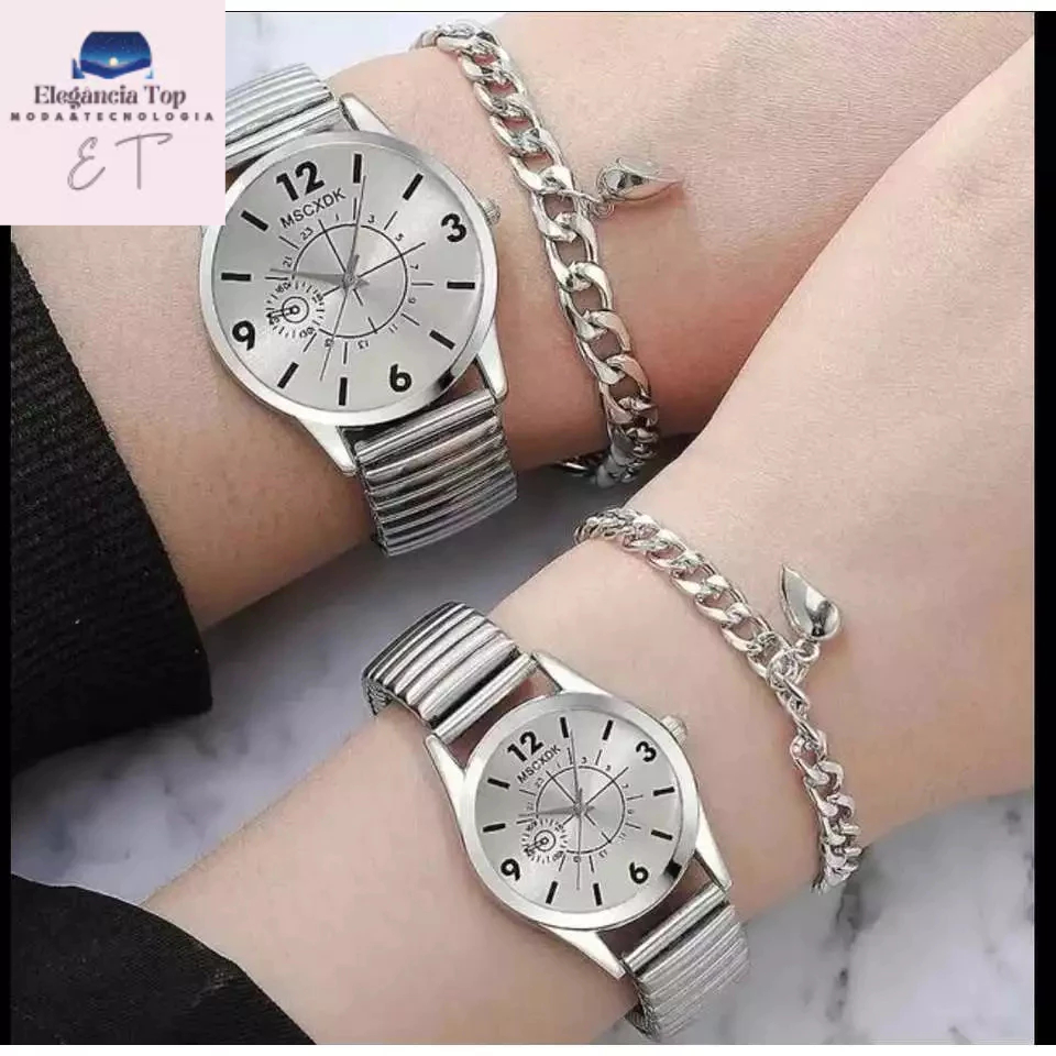 Relógios de pulso Prateado para casal com pulseira de coração magnética ìma 4 pcs