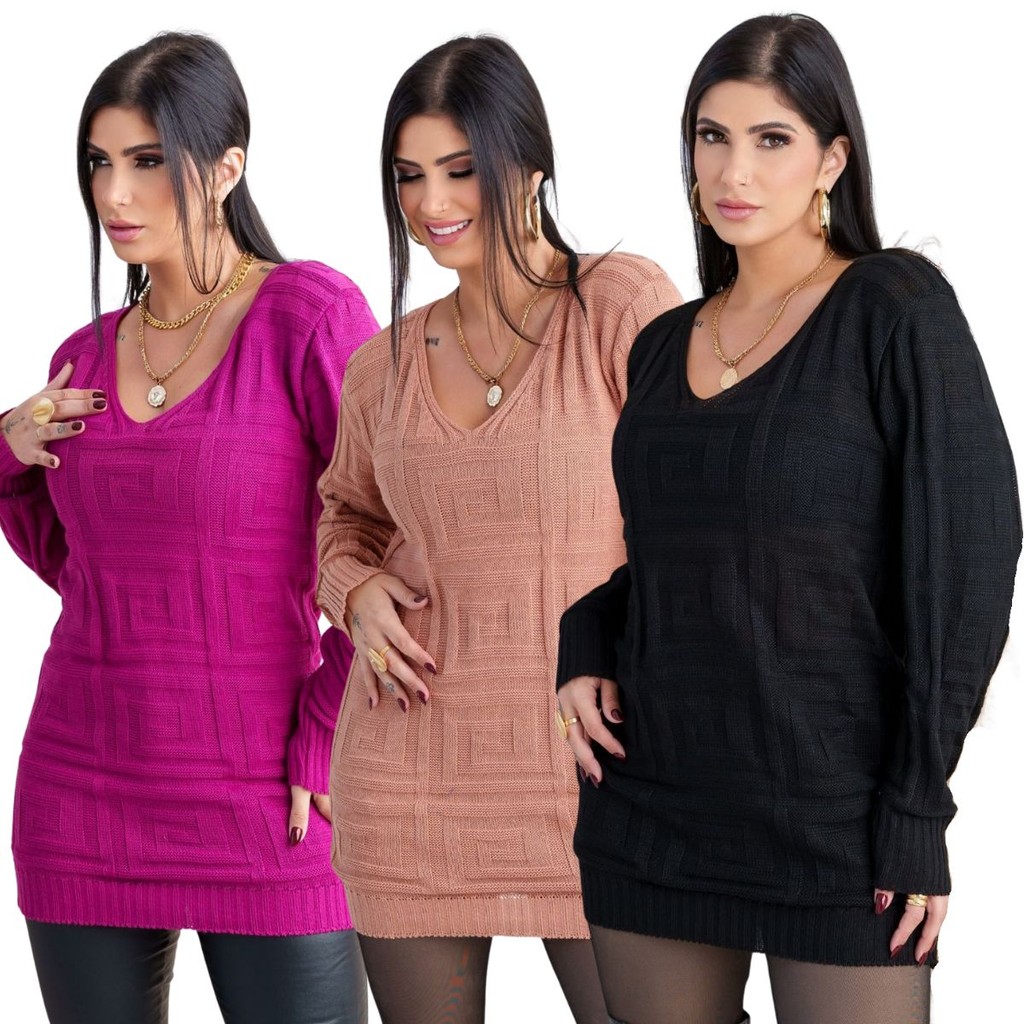 Kit 3 Blusa Tricô Blusão Feminina Veste Legging Manga Longa