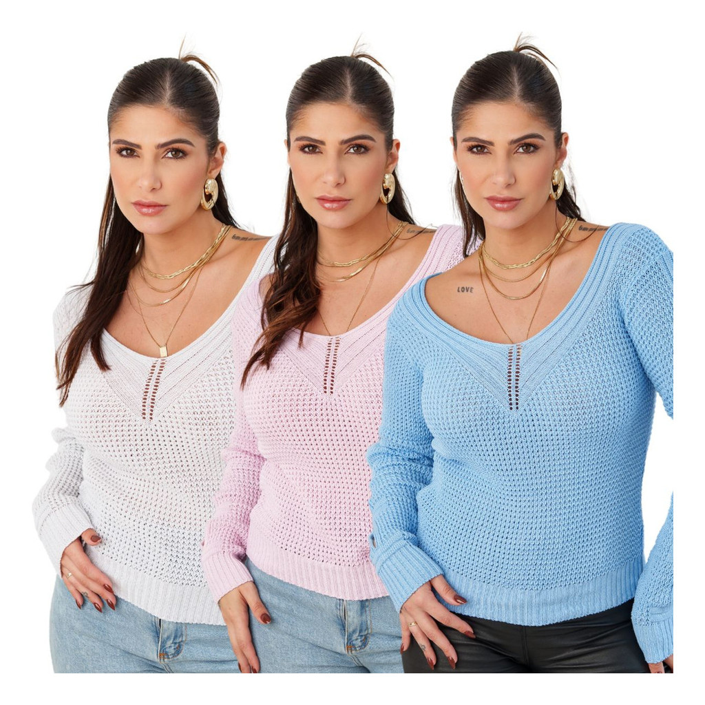 Kit 3 Blusa Feminina Tricot Manga Longa Frio Estilo Inverno