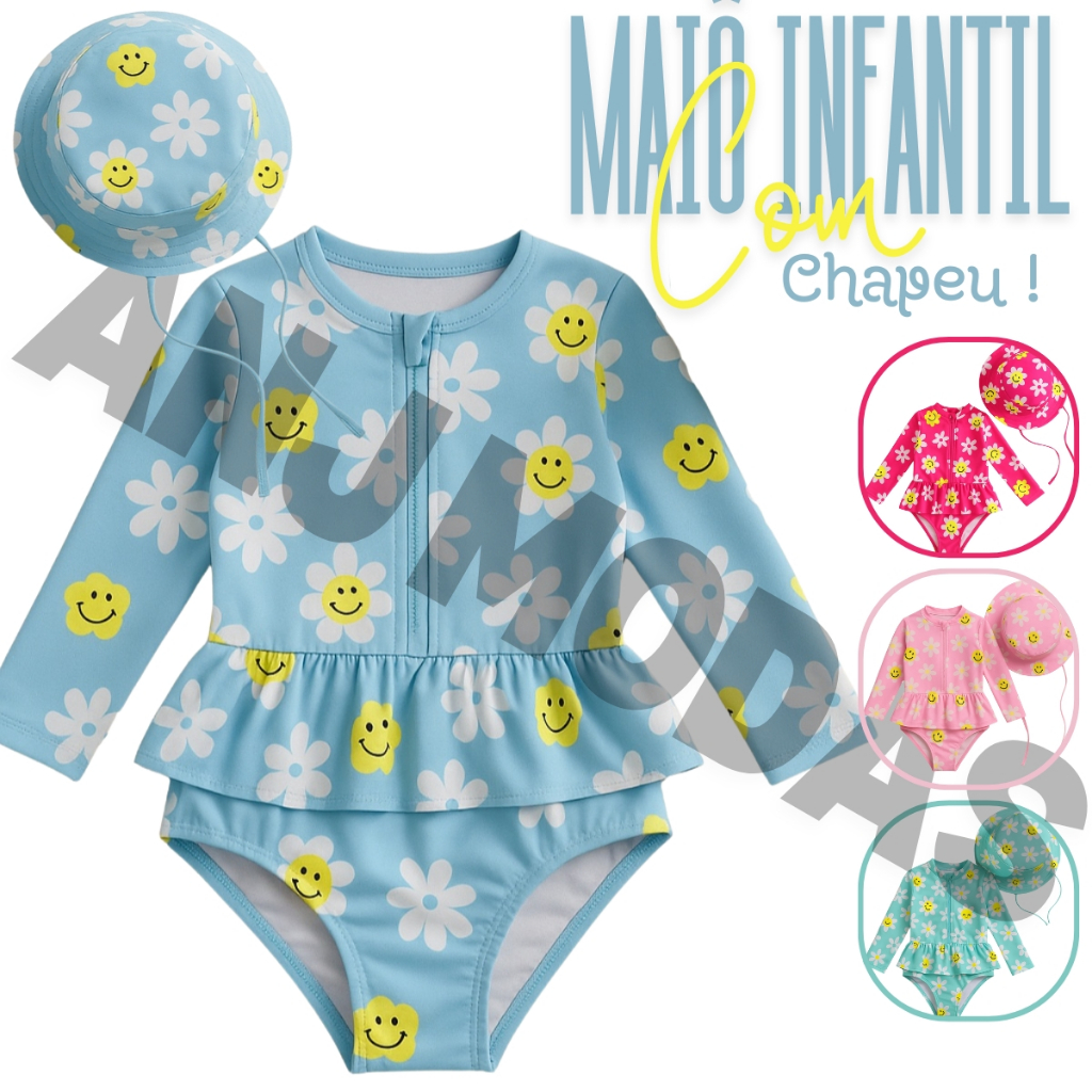 Maiô infantil Com Chapéu Manga Longa Menina Proteção Solar Uv 50 Maio
