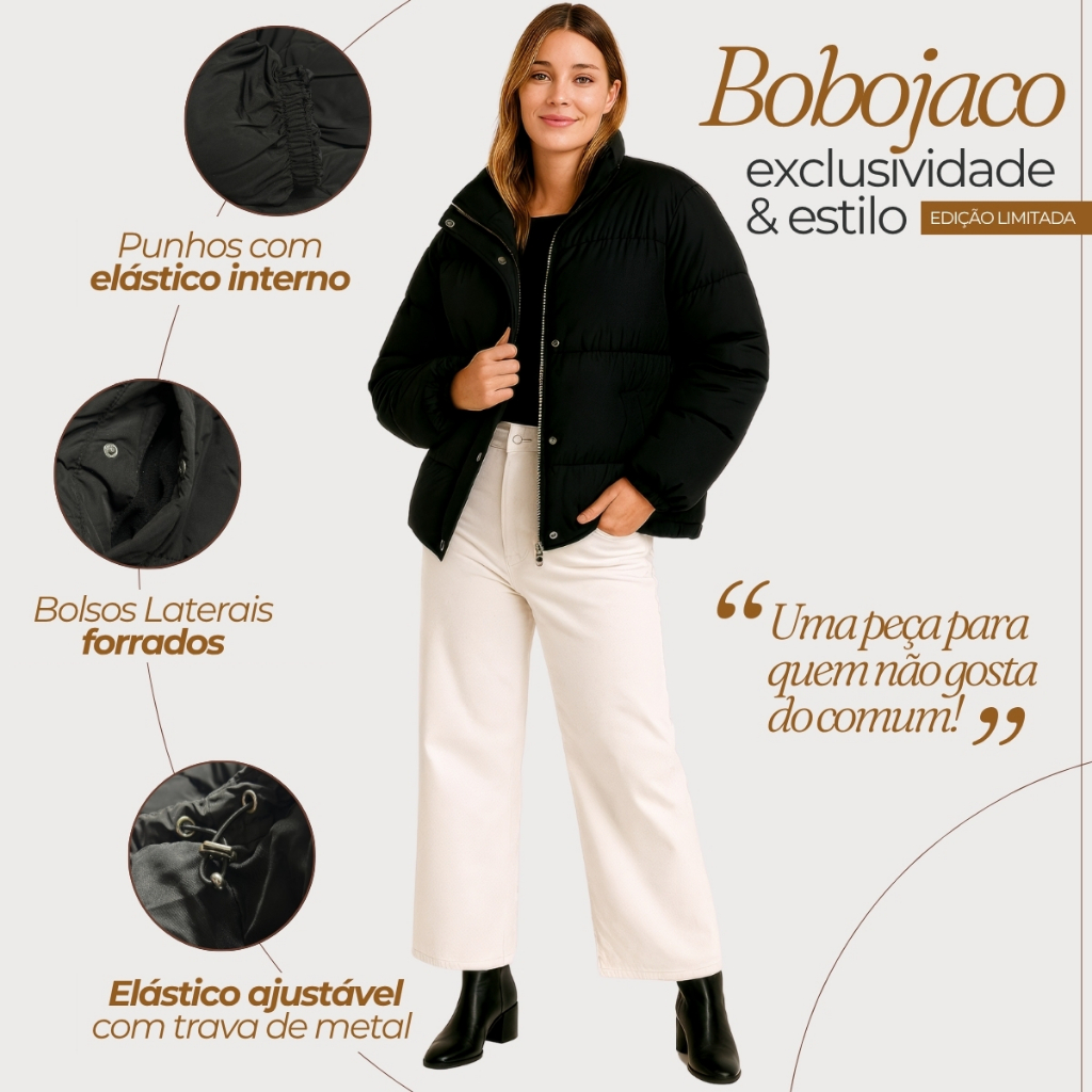 Jaqueta Puffer Feminina Forrada Com Bolso Zíper e Botão Reforçado Linha Super Premium