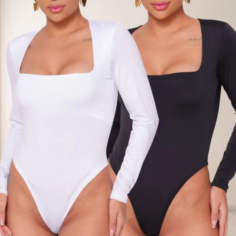 KIT 2 Body Manga Longa Feminino Decote Quadrado Su