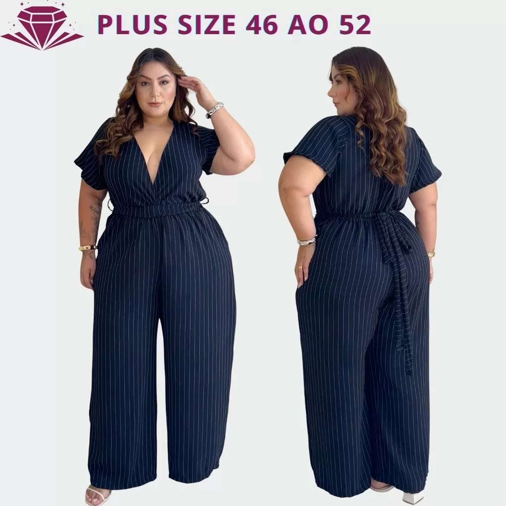 Macacão Longo Plus Size Feminino Risca de Giz Manga Decote V Transpassado Tecido Duna Cinto 46-52