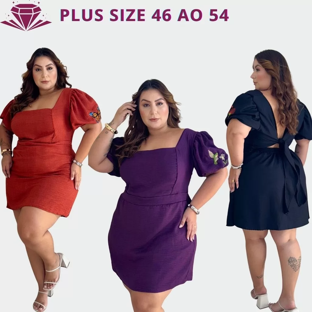 Macaquinho Vestido Feminino Plus Size Curto Manga Princesa Bordada Tecido Duna Saia e Short 44-54