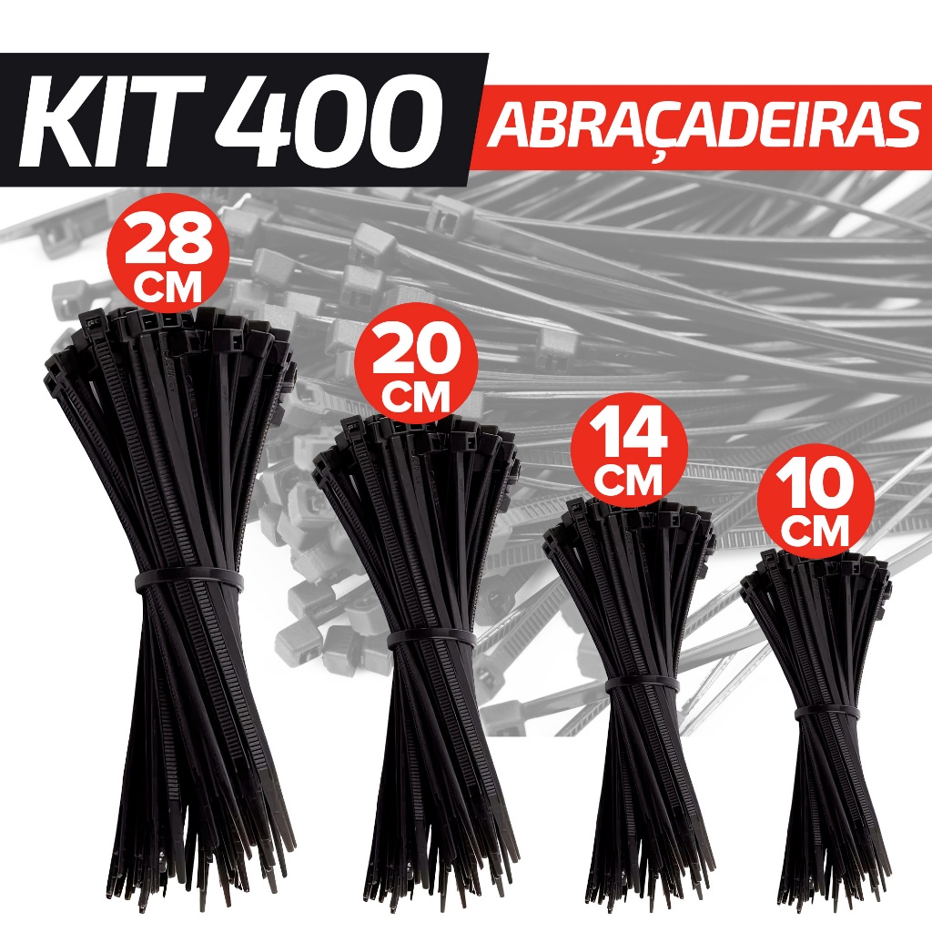 Kit 400 Abraçadeira de Nylon Enforca Gato Cintas Plásticas 10cm – 14cm – 20cm – 25cm Fita Hellermann