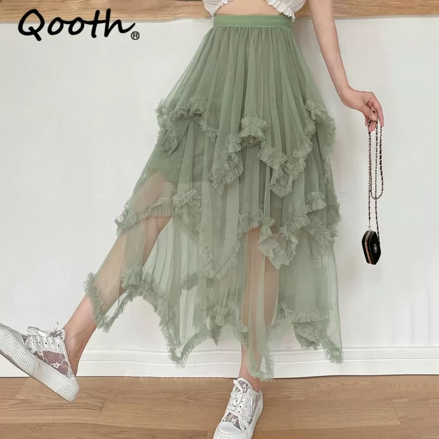 Qooth Women 10 Color Asymmetrical Tulle Ball Gown Saia Elegante De Fada De Cintura Alta Em Linha Par