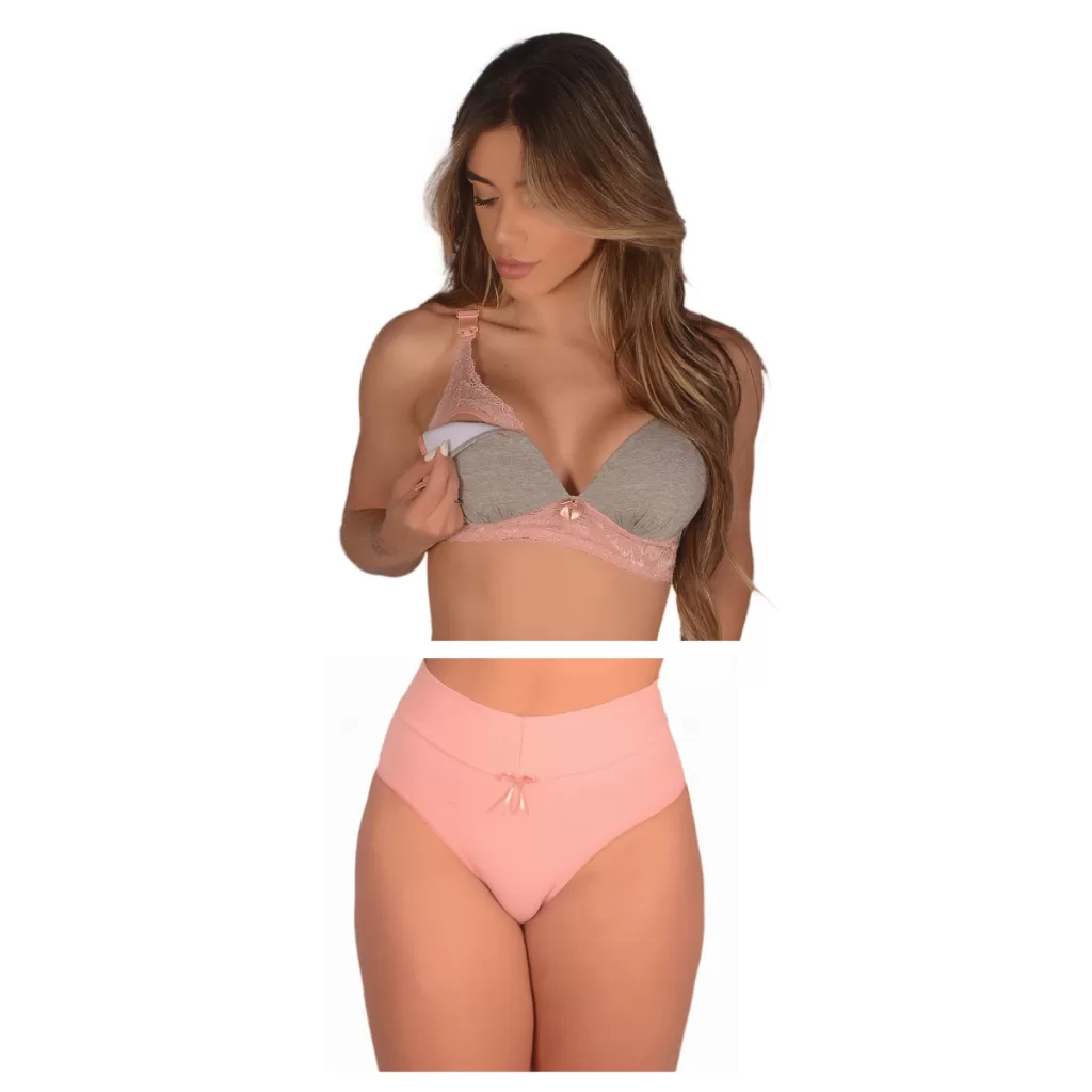 Kit Conjunto (Sutiã de Amamentação com Bojo + Calcinha Cós Alto Pós Parto) Feminino Confortável Gest