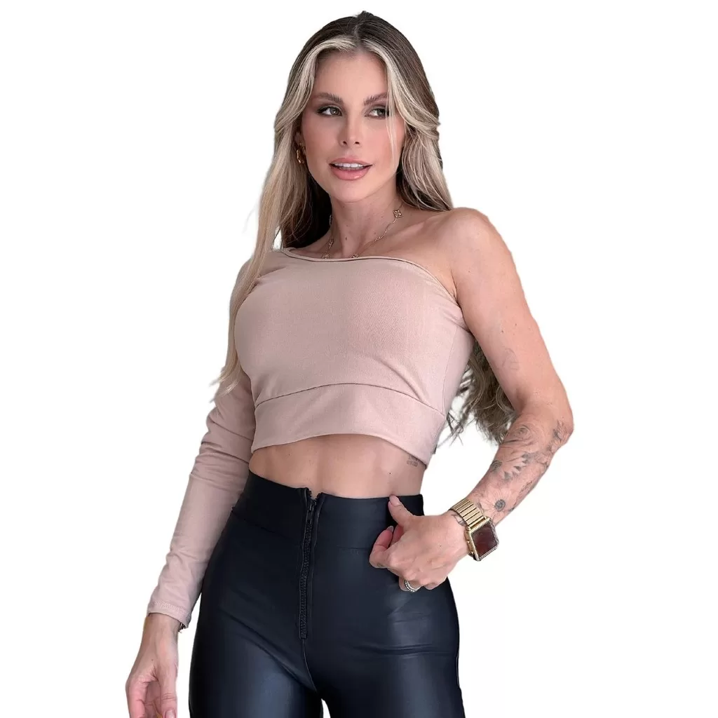 Cropped Top Suplex Com Bojo Mula manca Uma Manga Longa Feminina