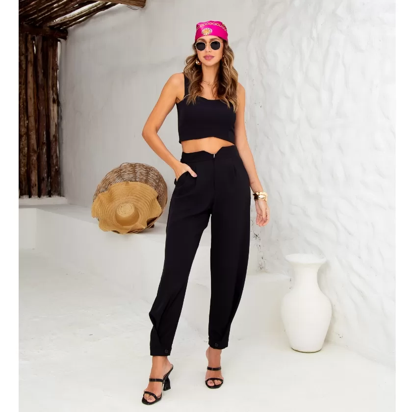 Conjunto Feminino Alfaiataria Top Cropped Lastex Zíper Calça Pregas Social Elegante