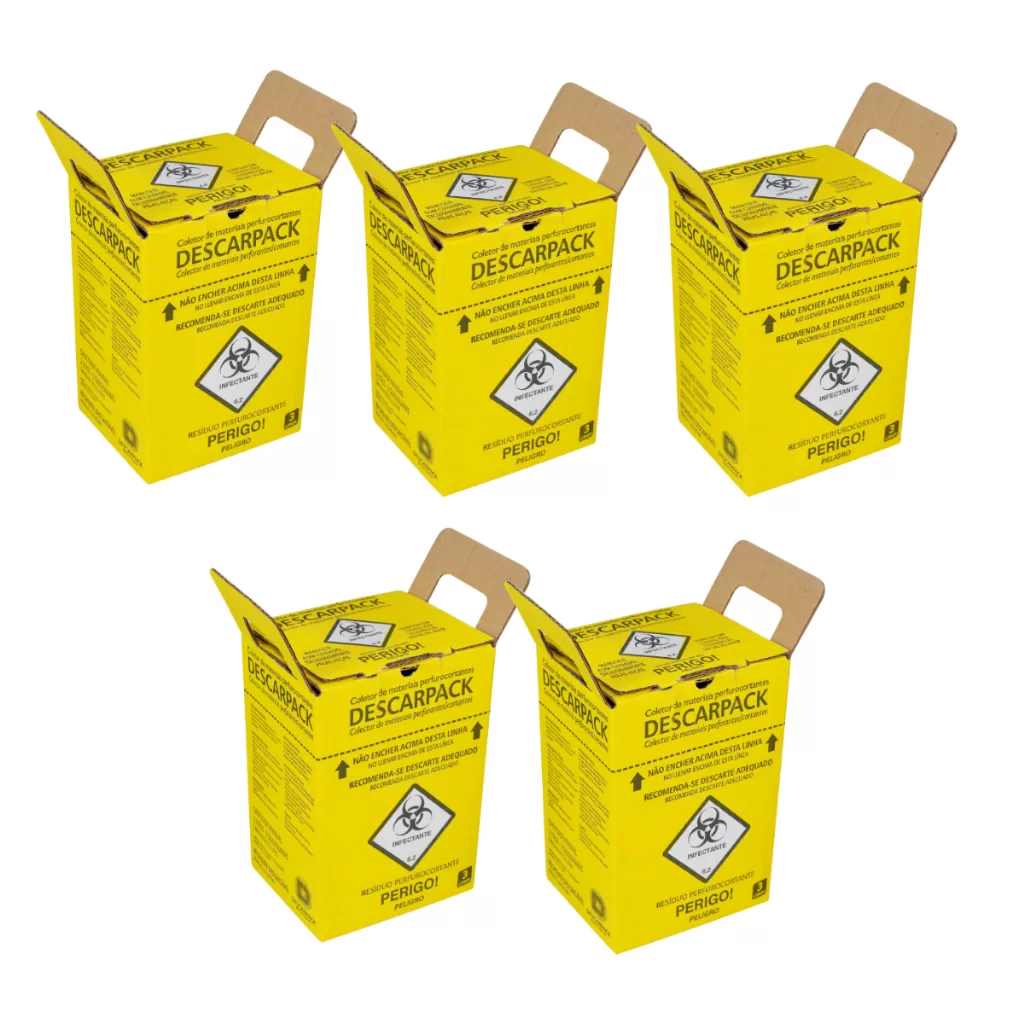 Kit 5 un Caixa Coletora 3L Descarpack Material Perfurocortante Descarte Hospitalar Seguro