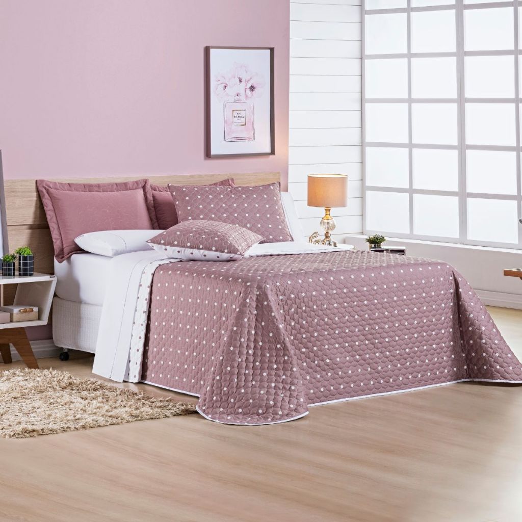 Kit Colcha Cobre Leito Petit Poá Queen 3pcs Micropercal 200Fios
