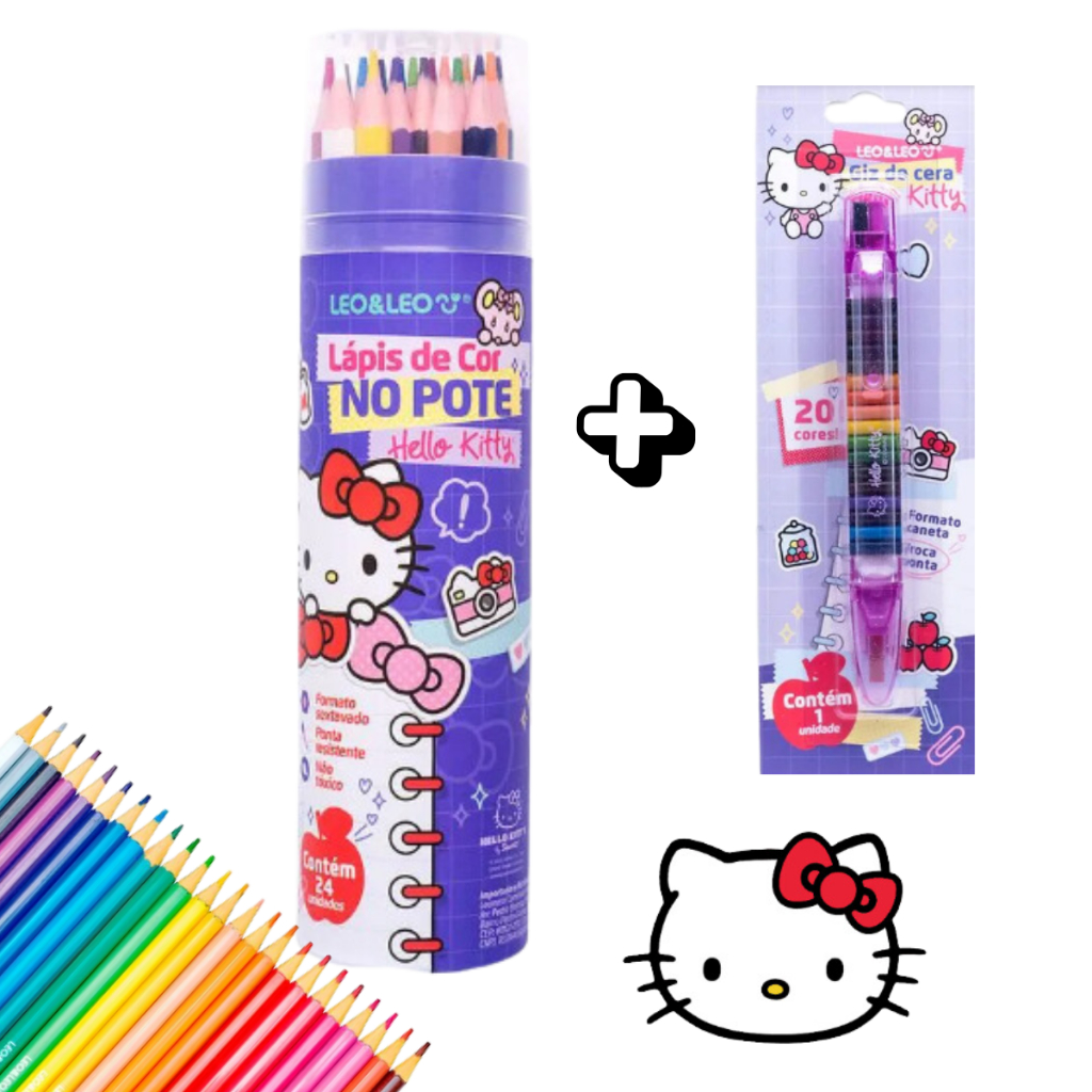 Kit lápis de cor Hello Kitty 24 cores no pote e Caneta troca ponta giz de cera 20 cores