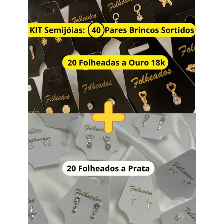 KIT 40 Pares Brincos Pequenos Folheados Misto: 20 