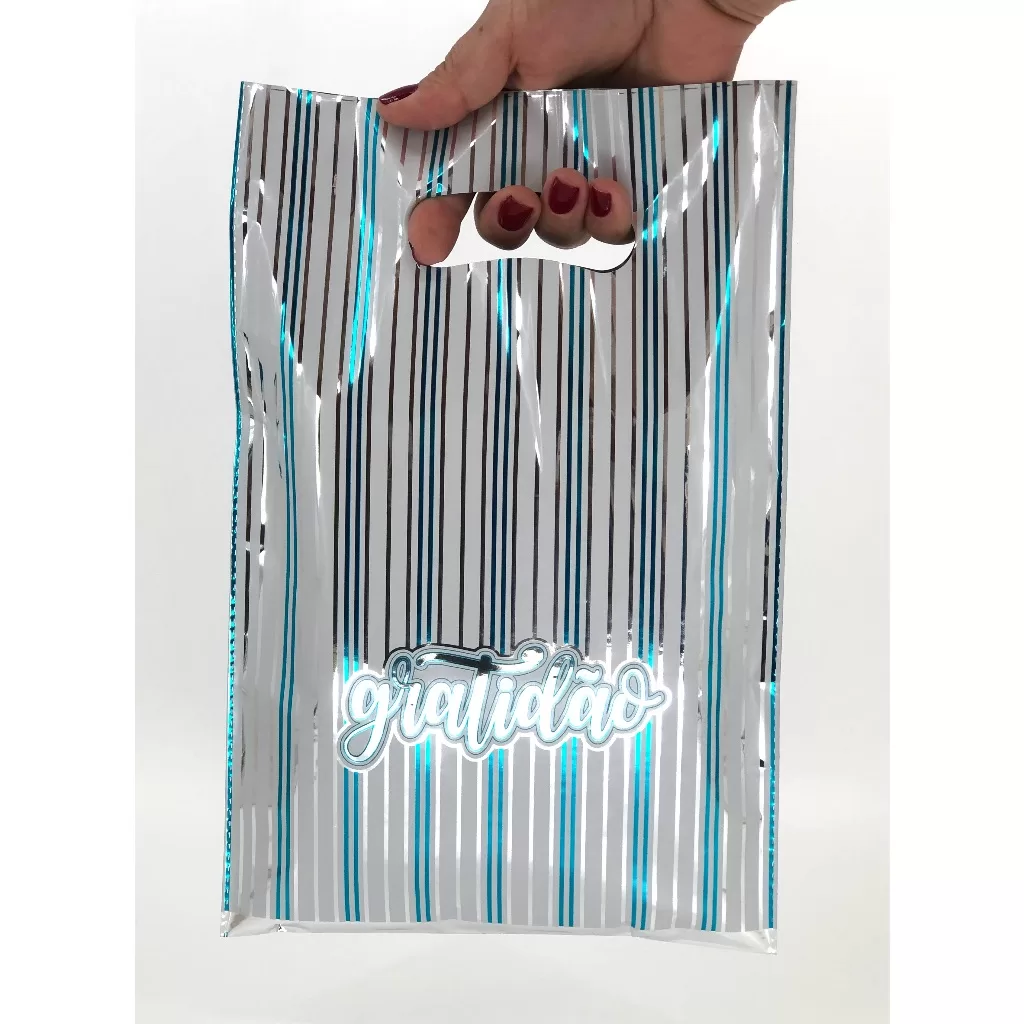 25 Sacolas 30x40cm Boca de Palhaço Metalizada Com Frases Gratidão