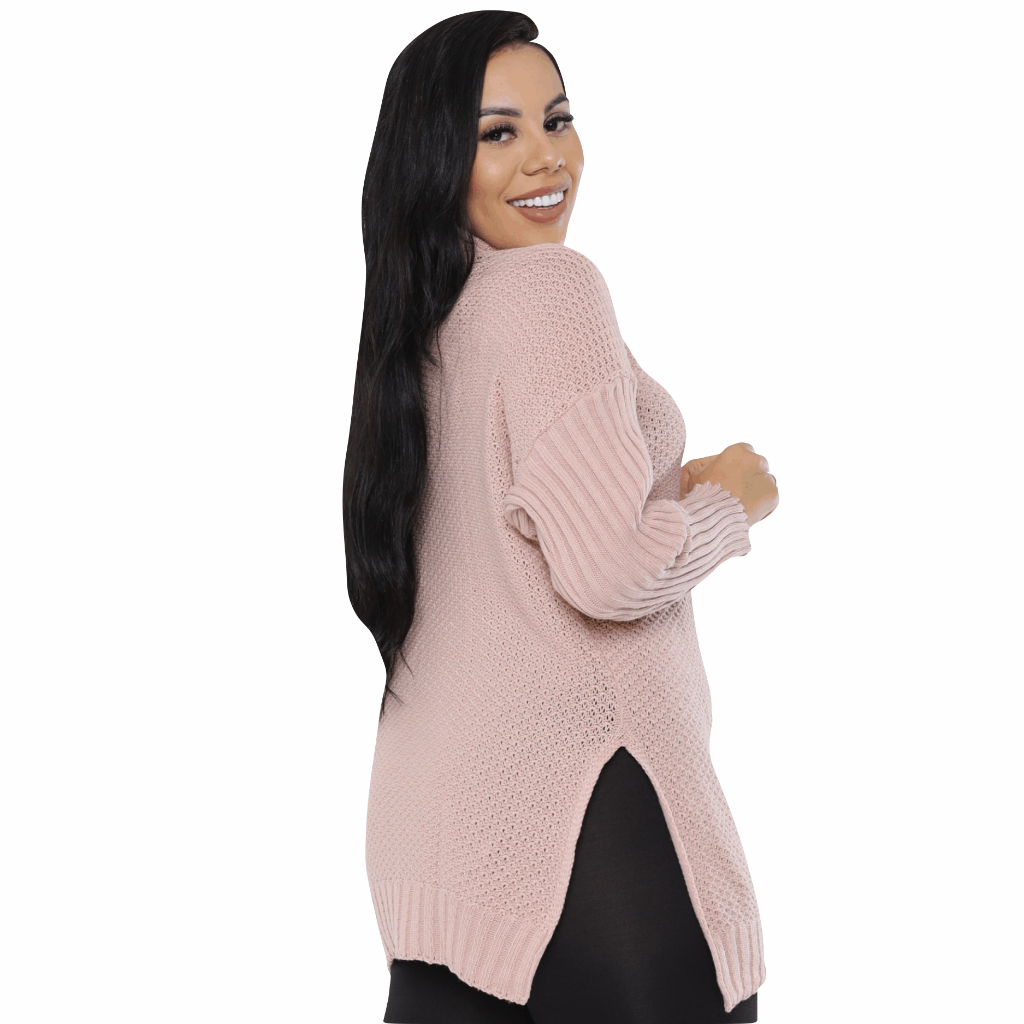 Poncho Tricô Gola Alta Outono Inverno Feminino Manga Longa
