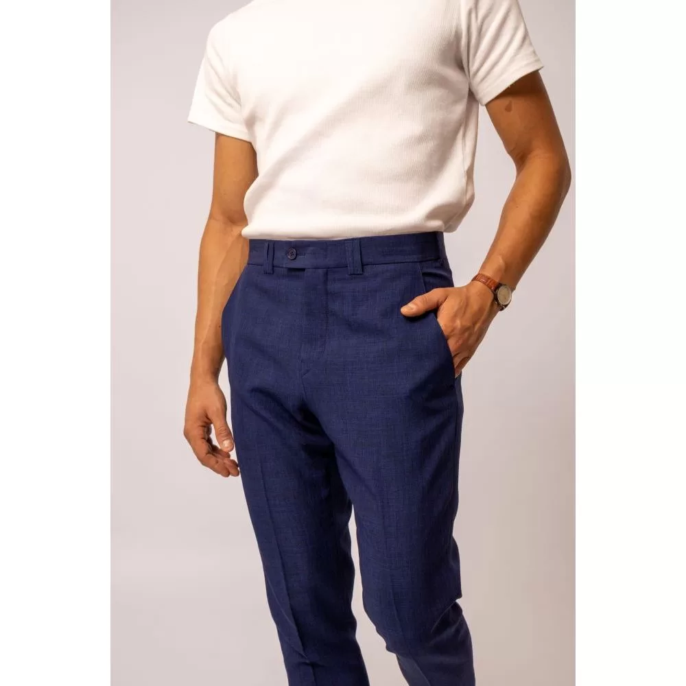 Calça Social Masculina Alfaiataria Slim Azul Marinho Textura tipo Linho, Cós Transpassado, Sem Barra