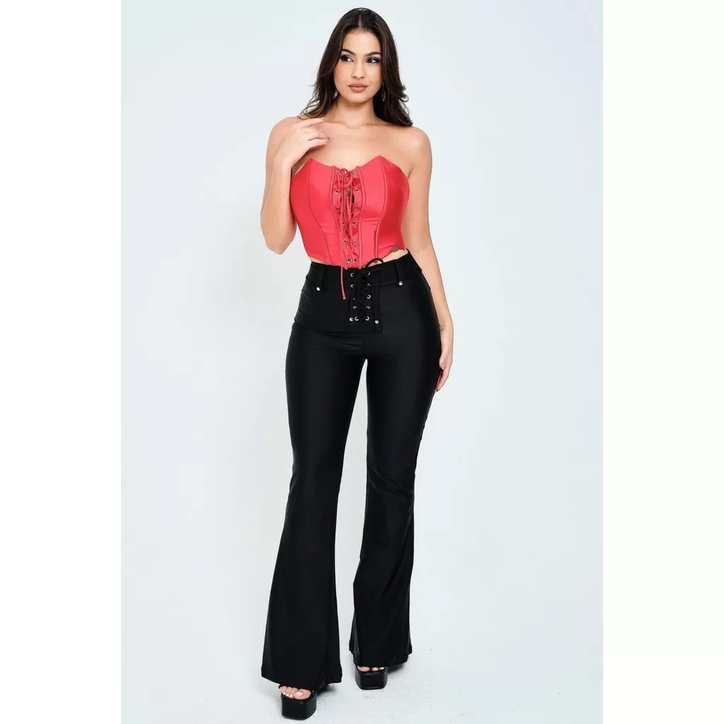 Calça Feminina Up Glam Flare Detalhe Cós Planet Girls Preto