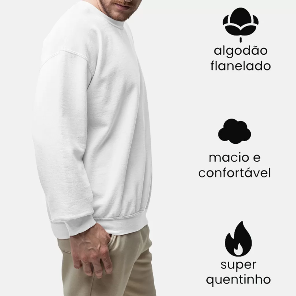 Blusa de Frio Moletom Gola Careca Redonda Masculino – BRANCO – Algodão Versátil Super Confortável Fe