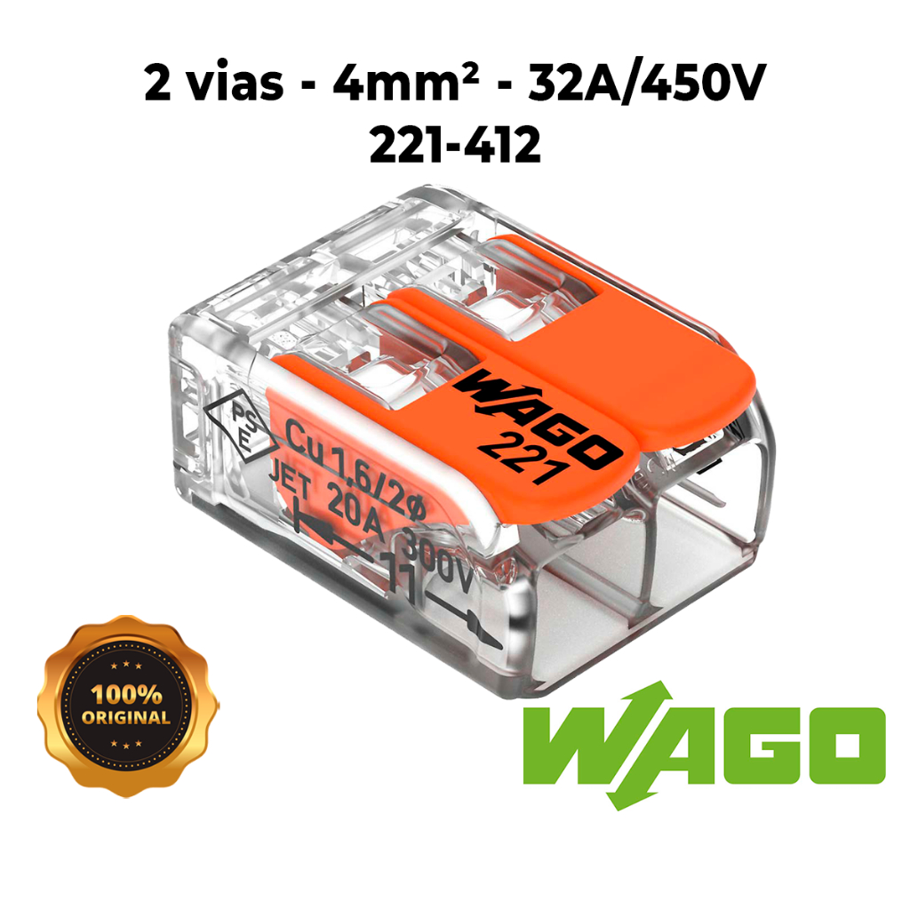 Conector de Fio Elétrico Wago 221-412 Conector Wago Emenda 4mm² Kit 24, 30, 40, 50, 80 e 100 peças