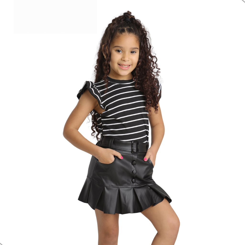 Cropped Blusinha Juvenil Menina Listrado Manga Com Babado Moda Blogueirinha Infantil Diva Luxo