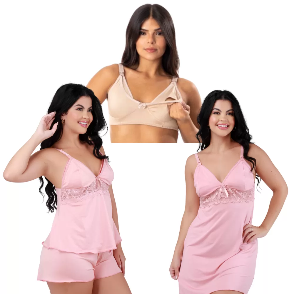 Kit Amamentação Completo Baby Doll Camisola E Sutiã Em Microfibra Linha Noite Gestante Maternidade