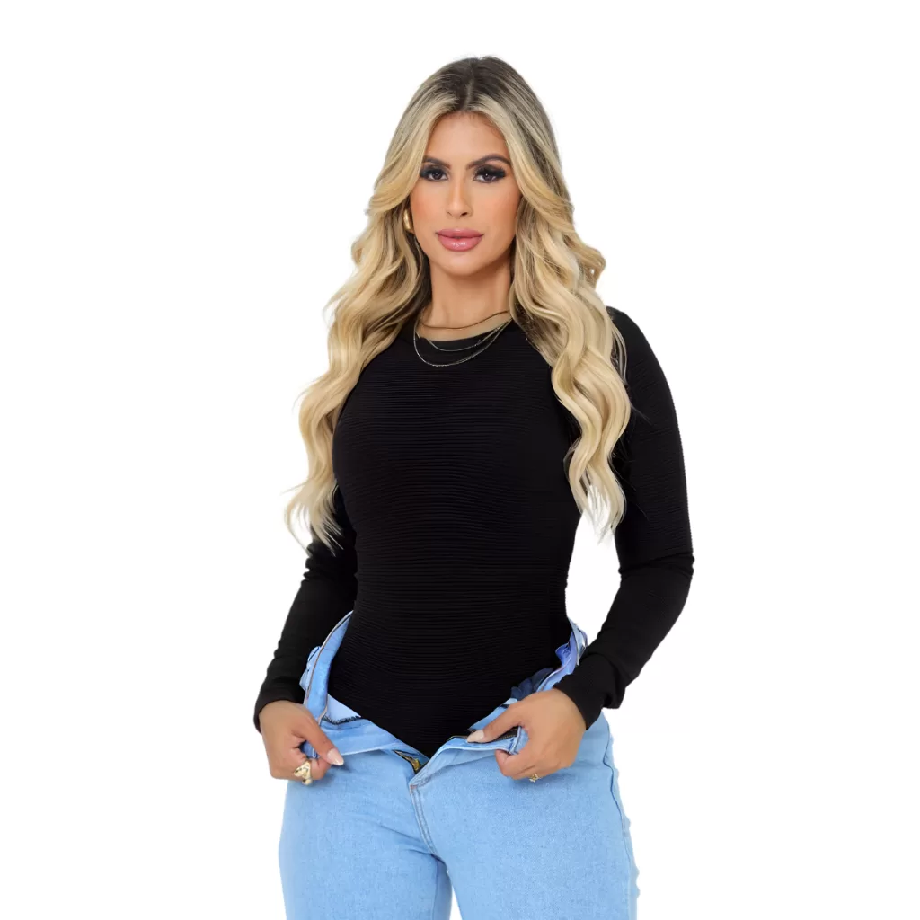 Body Collant Manga Longa Gola Baixa Estilo Canoa Moda blusinha comprida feixo no botao de pressão Pr