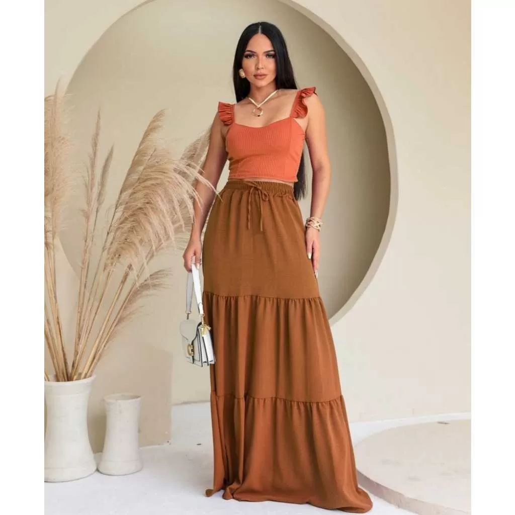 Cropped Feminino Alça Fina Babado com Bojo Blusa Top Canelado Basico Moda Blogueira Bras Verão