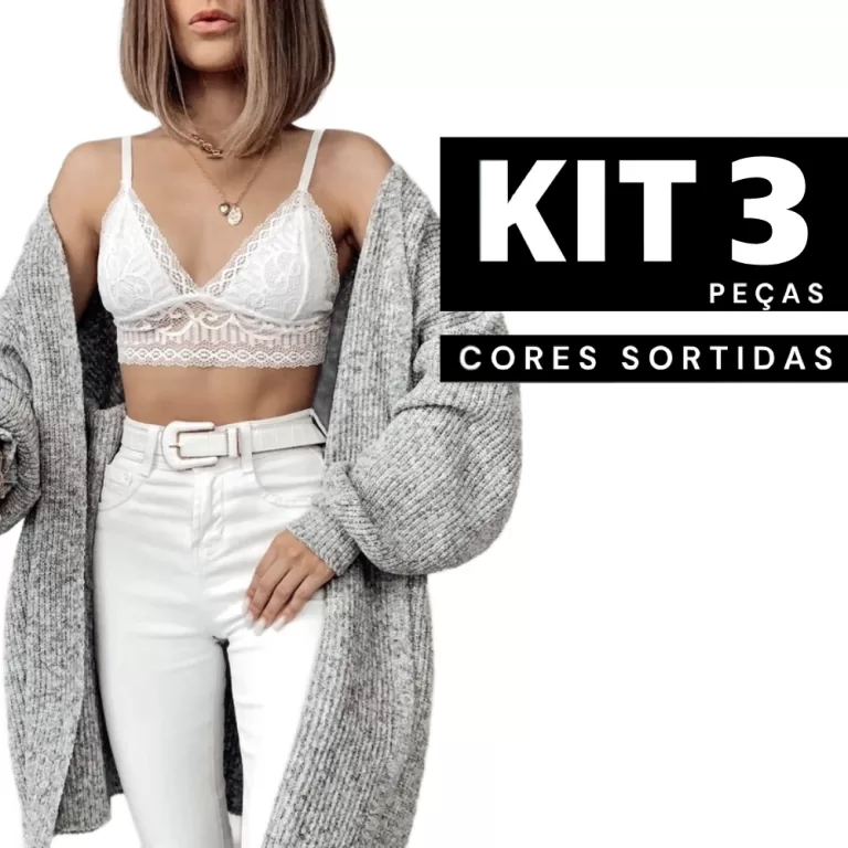 Kit 3/2/1 Sutiã Sem Bojo Cropped Renda Decote Lin