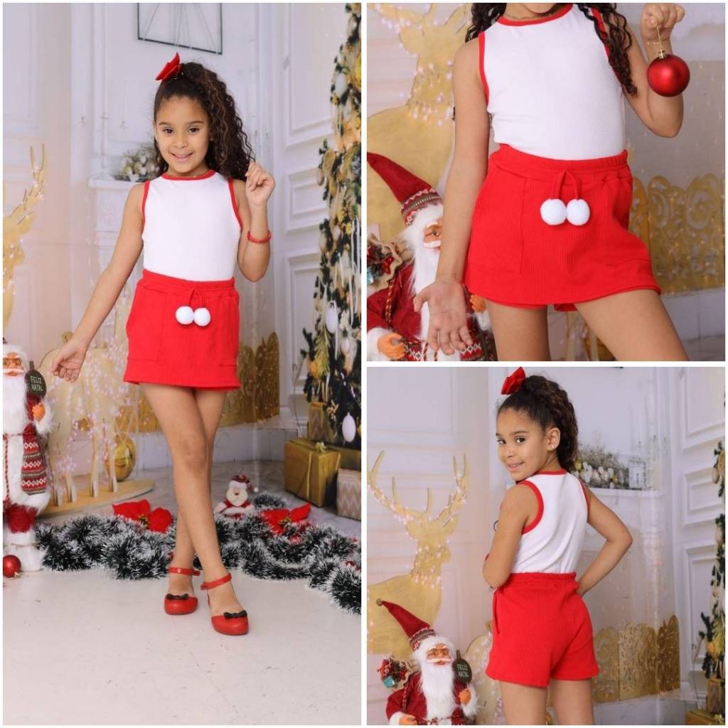 Conjunto Infantil Cropped Regata e Short Saia Com Bolso Anarruga Blogueirinha Luxo Natal Fim de Ano