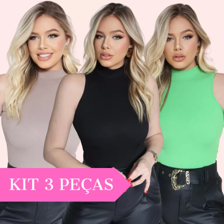Kit 3 Peças Regata Gola Alta Blusa Feminina Bási