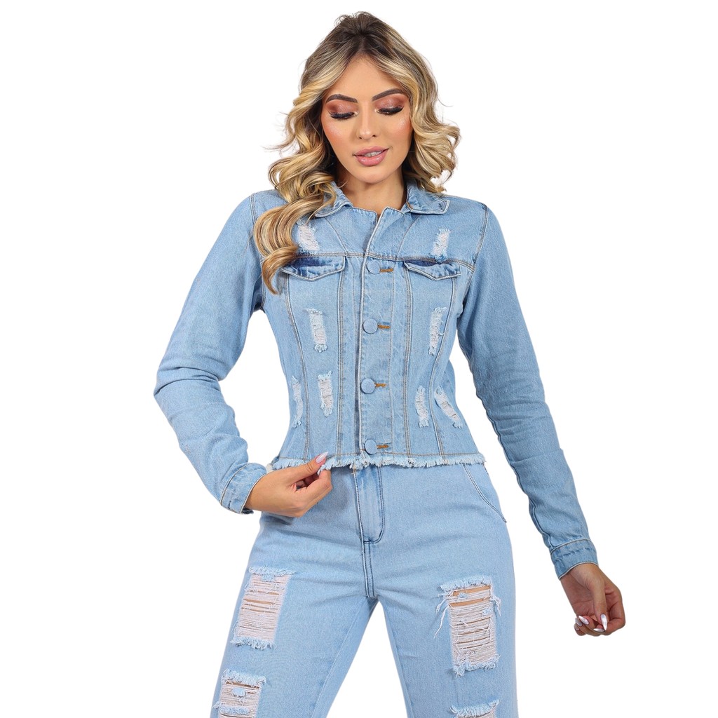 Jaqueta Jeans Feminina Cropped com Rasgos Moderna Lavagem Clara e Escura