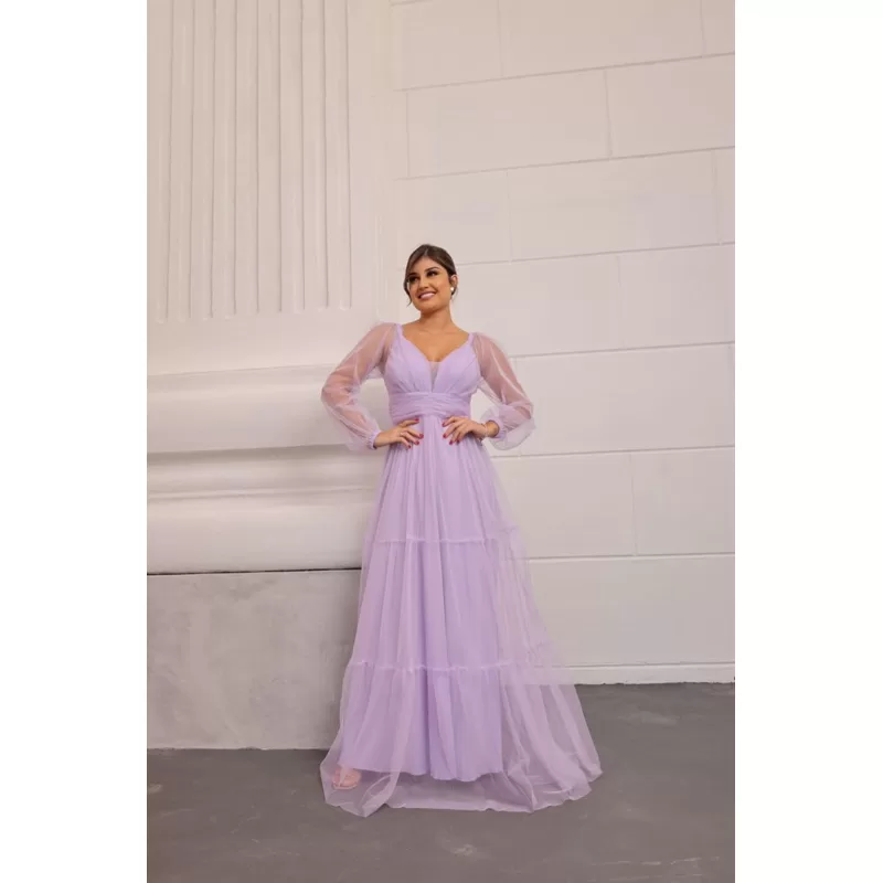 vestido de festa longo madrinha formatura casamento convidada debutante elegante tule lilás brilho