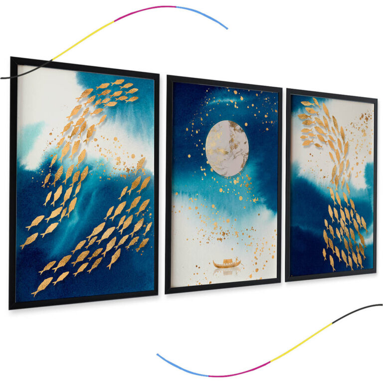 Quadro decorativo abstrato azul, peixes, lua, para