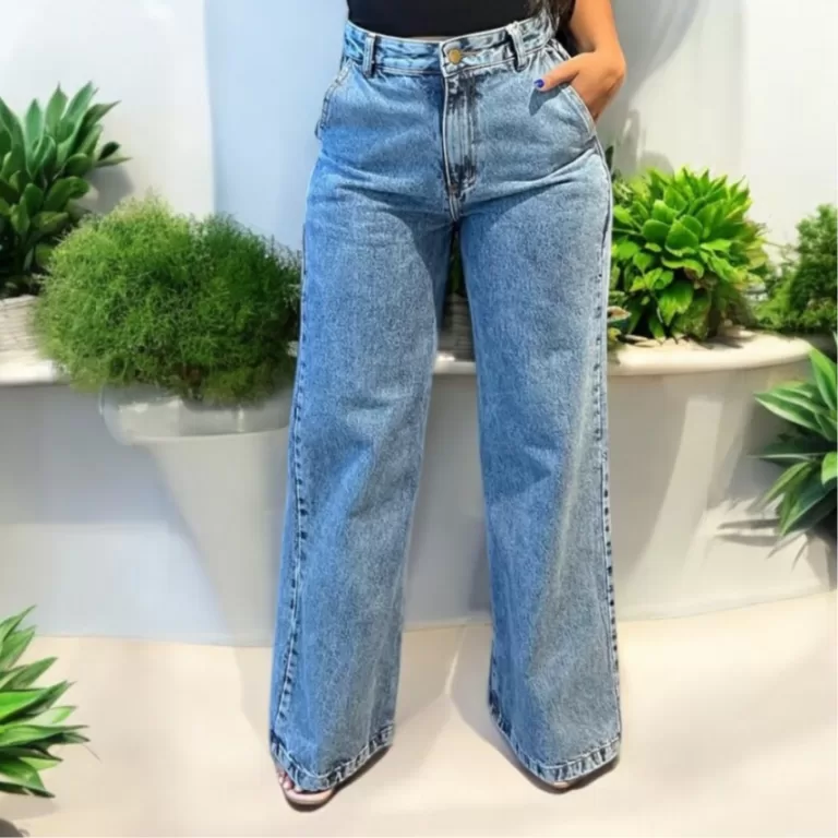 Calça Wide Leg Jeans Feminina Marmorizada Cintura