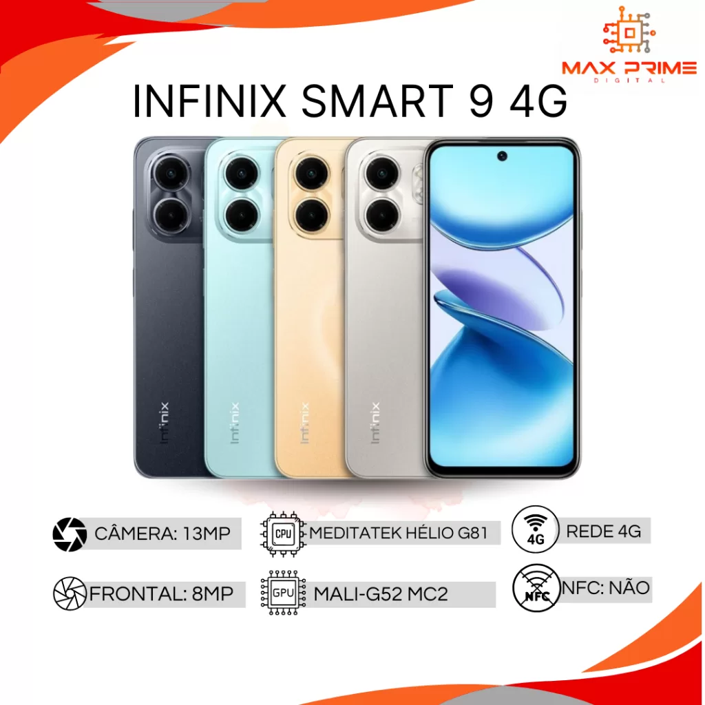 Infinix Smart 9 ou Infinix Smart 10 de 128GB 4GB RAM, Processador Mediatek Hélio G81, Bateria 5000MA